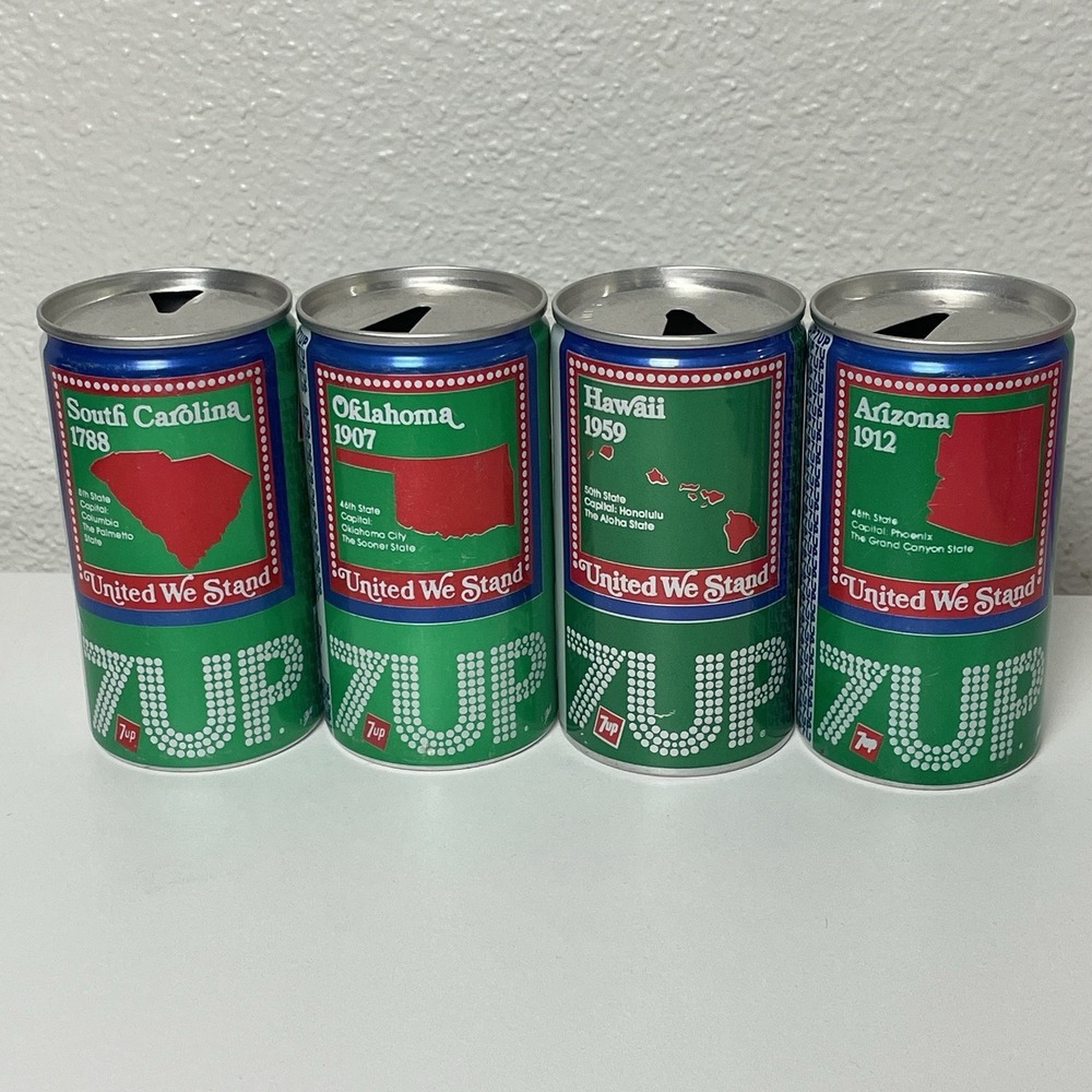 7up United We Stand Soda Pop 4 Cans Hawaii Arizona Oklahoma South Carolina‎ VTG
